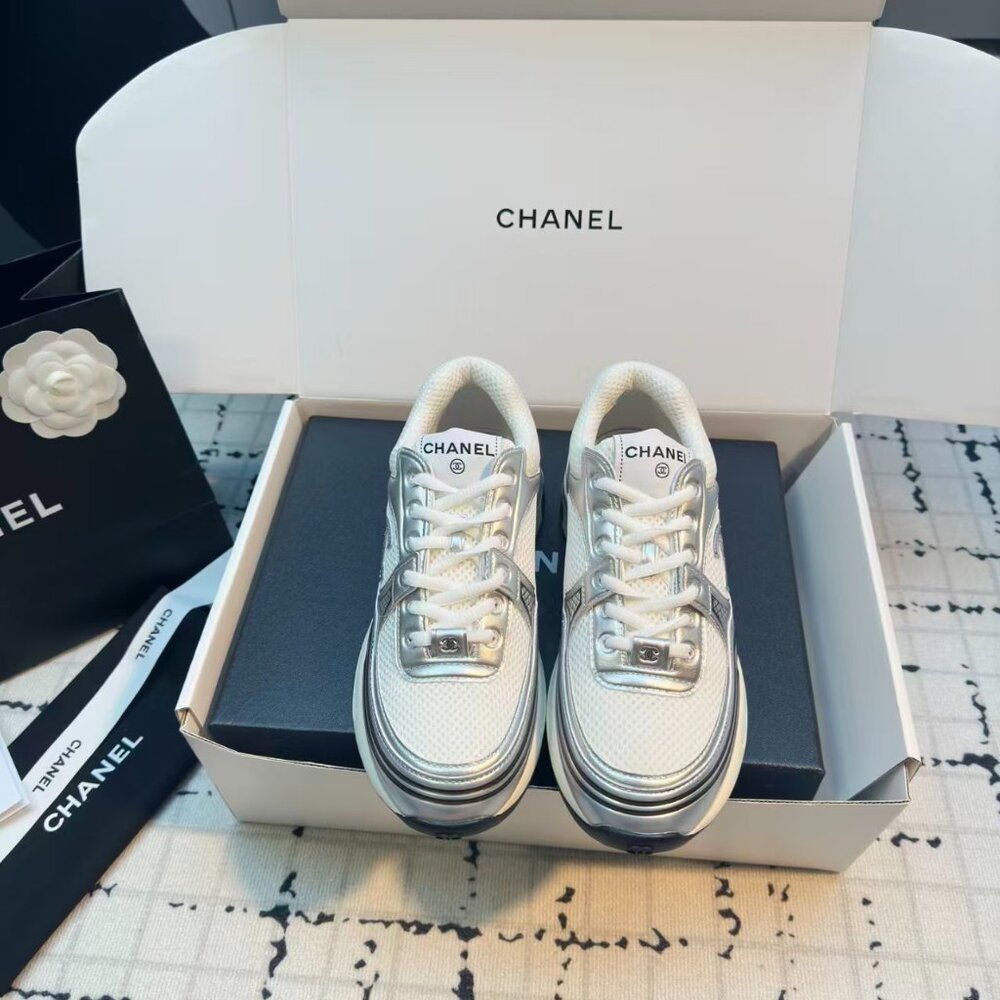 Chanel White and Silver Sneakers